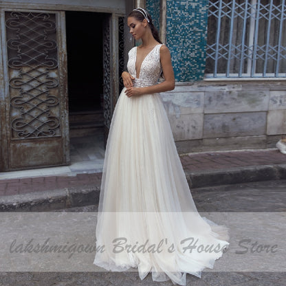 Lakshmigown Sexy Boho Bridal Beach Wedding Dress 2021 Robes Sukienka A Line Wedding Dresses Lace Bodice Plunging Backless - ROYCEBRIDAL OFFICIAL STORE