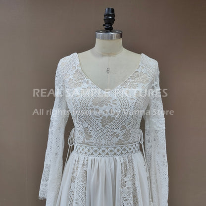 Roycebridal 2022 Beach Boho Elopement Photoshoot Wedding Dress V Neck Lace Chiffon A Line Seaside Long Sleeve Big Sizes Bridal Gown