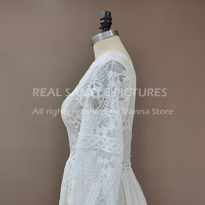 Roycebridal 2022 Beach Boho Elopement Photoshoot Wedding Dress V Neck Lace Chiffon A Line Seaside Long Sleeve Big Sizes Bridal Gown