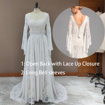 Roycebridal 2022 Beach Boho Elopement Photoshoot Wedding Dress V Neck Lace Chiffon A Line Seaside Long Sleeve Big Sizes Bridal Gown