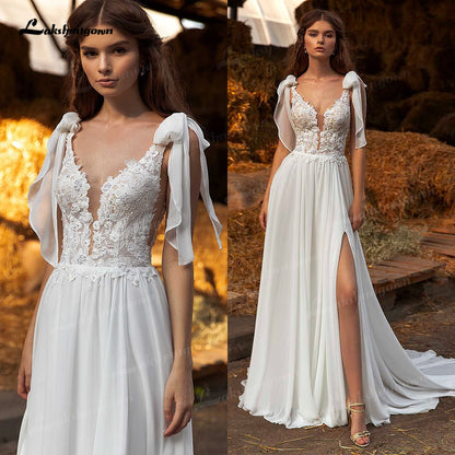 Sexy Side Slit Boho Wedding Dresses Sweep Train Charming Beach Chiffon A Line Lace Bridal Gowns V Neck vestido de novia 2021 - ROYCEBRIDAL OFFICIAL STORE