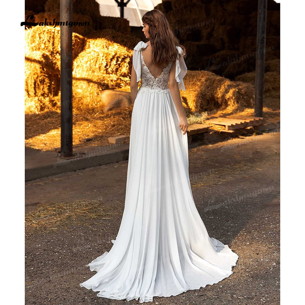 Sexy Side Slit Boho Wedding Dresses Sweep Train Charming Beach Chiffon A Line Lace Bridal Gowns V Neck vestido de novia 2021 - ROYCEBRIDAL OFFICIAL STORE