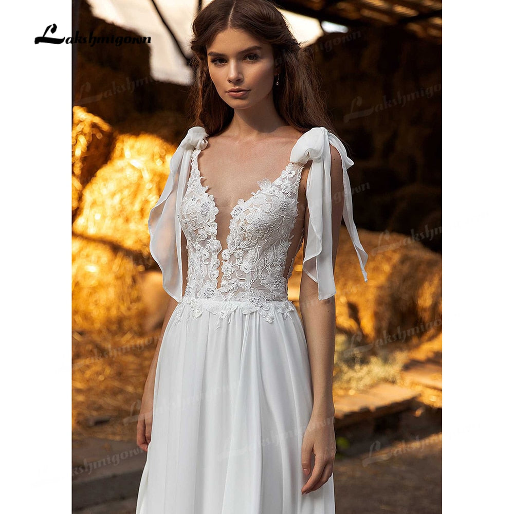 Sexy Side Slit Boho Wedding Dresses Sweep Train Charming Beach Chiffon A Line Lace Bridal Gowns V Neck vestido de novia 2021 - ROYCEBRIDAL OFFICIAL STORE