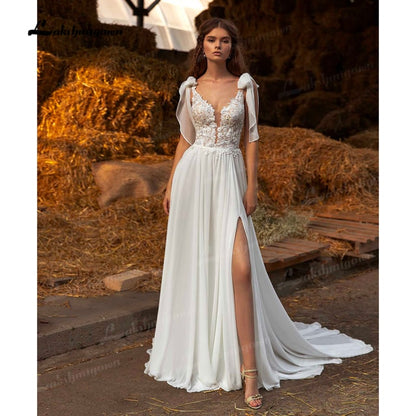 Sexy Side Slit Boho Wedding Dresses Sweep Train Charming Beach Chiffon A Line Lace Bridal Gowns V Neck vestido de novia 2021 - ROYCEBRIDAL OFFICIAL STORE