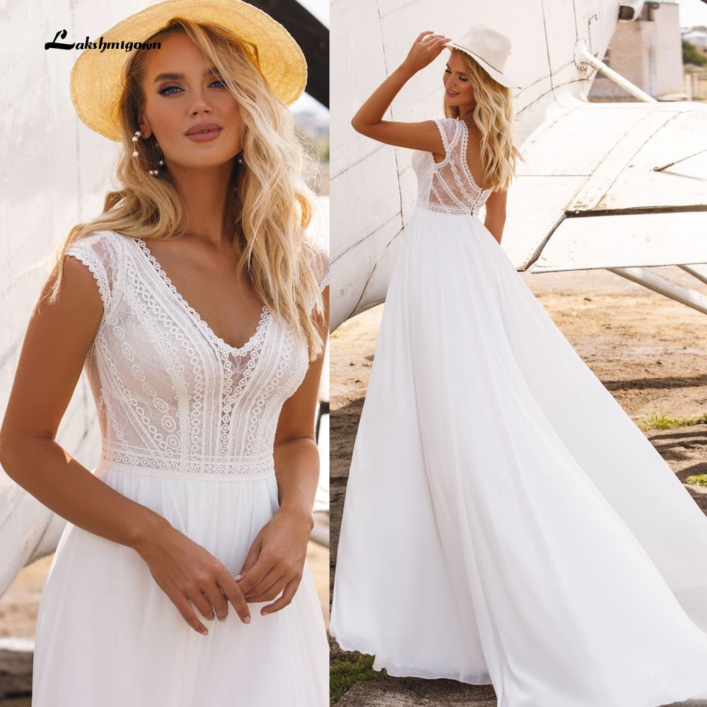 Lakshmigown short Sleeves Boho Wedding Dresses 2021 V Neck Bohemian Lace Chiffon Bridal Dress Beach Bridal Gown robe de mariee - ROYCEBRIDAL OFFICIAL STORE