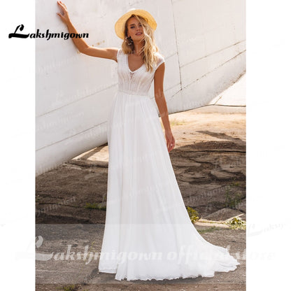 Lakshmigown short Sleeves Boho Wedding Dresses 2021 V Neck Bohemian Lace Chiffon Bridal Dress Beach Bridal Gown robe de mariee - ROYCEBRIDAL OFFICIAL STORE