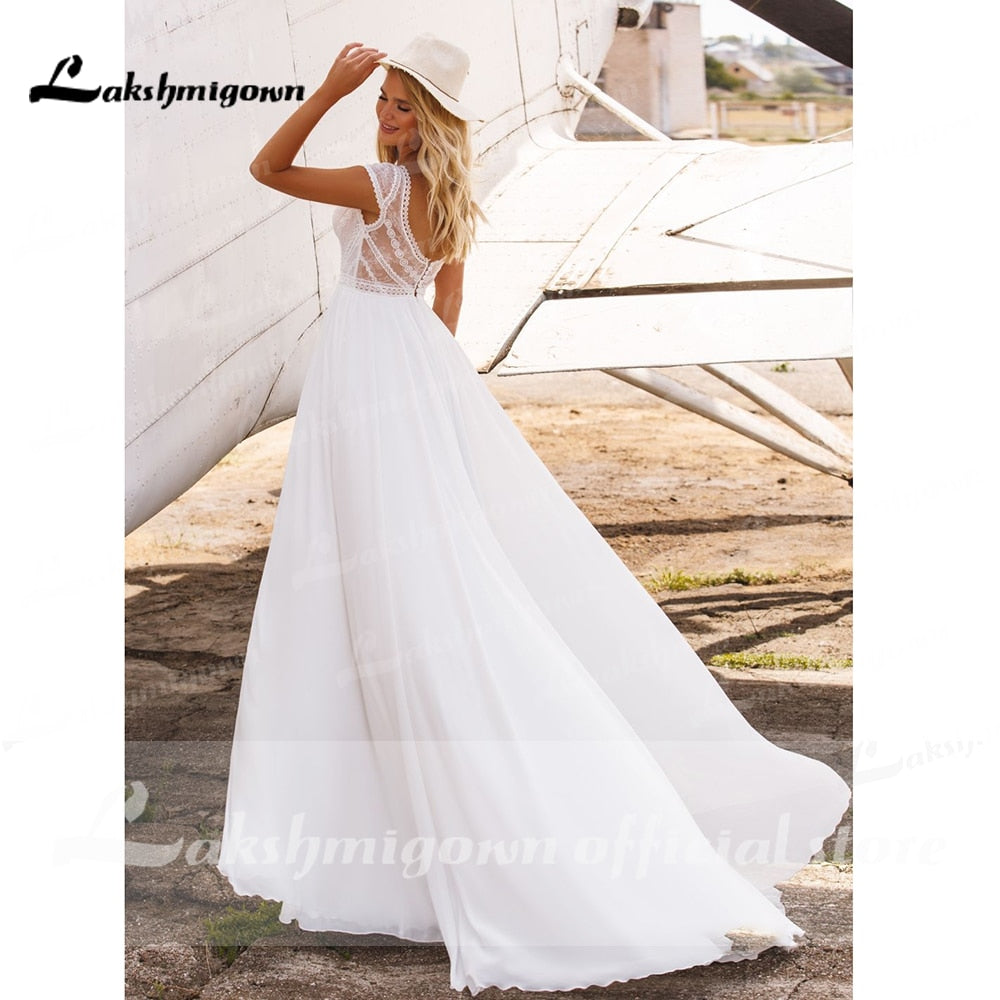 Lakshmigown short Sleeves Boho Wedding Dresses 2021 V Neck Bohemian Lace Chiffon Bridal Dress Beach Bridal Gown robe de mariee - ROYCEBRIDAL OFFICIAL STORE