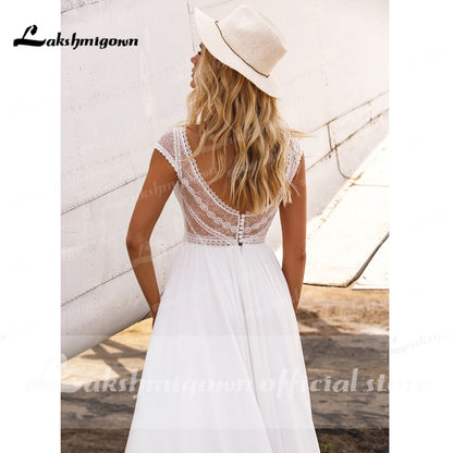 Lakshmigown short Sleeves Boho Wedding Dresses 2021 V Neck Bohemian Lace Chiffon Bridal Dress Beach Bridal Gown robe de mariee - ROYCEBRIDAL OFFICIAL STORE