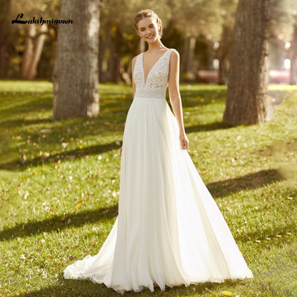 Lakshmigown Elegant Beach Wedding Dresses 2021 vestido de novia V Neck Boho Vintage Chiffon Wedding Bride Gown for Women - ROYCEBRIDAL OFFICIAL STORE