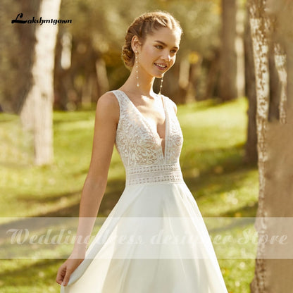 Lakshmigown Elegant Beach Wedding Dresses 2021 vestido de novia V Neck Boho Vintage Chiffon Wedding Bride Gown for Women - ROYCEBRIDAL OFFICIAL STORE