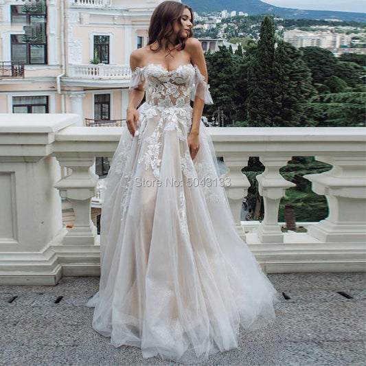 Sexy Sweetheart A Line Wedding Dresses Off Shoulder Champagne Liner Tulle Appliques Sleeveless Bridal Gowns Womens Formal 2021 - ROYCEBRIDAL OFFICIAL STORE