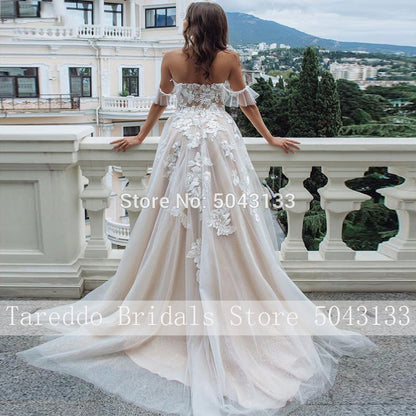 Sexy Sweetheart A Line Wedding Dresses Off Shoulder Champagne Liner Tulle Appliques Sleeveless Bridal Gowns Womens Formal 2021 - ROYCEBRIDAL OFFICIAL STORE