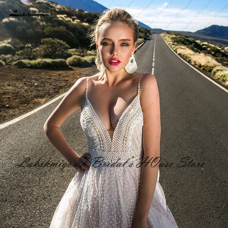 Vestido Novia Boho Blush Plush Pink Wedding Dress Summer 2021 New Mariage Bridal Lace Bodice Sexy Wedding Gowns Spaghetti Straps - ROYCEBRIDAL OFFICIAL STORE