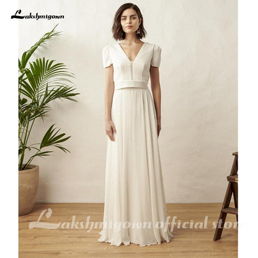 Two Piece White Wedding Dress Boho Wedding Dress Simple Beach Short Sleeve Backless Robe De Mariee For women - ROYCEBRIDAL OFFICIAL STORE