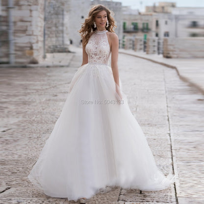 Roycebridal Cheap Halter A Line Soft Tulle Wedding Dresses 2021 Inside Lace Appliques Beaded Sash Sleeveless Floor Length Turkey Bridal Gown