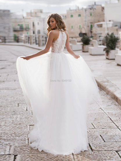 Roycebridal Cheap Halter A Line Soft Tulle Wedding Dresses 2021 Inside Lace Appliques Beaded Sash Sleeveless Floor Length Turkey Bridal Gown