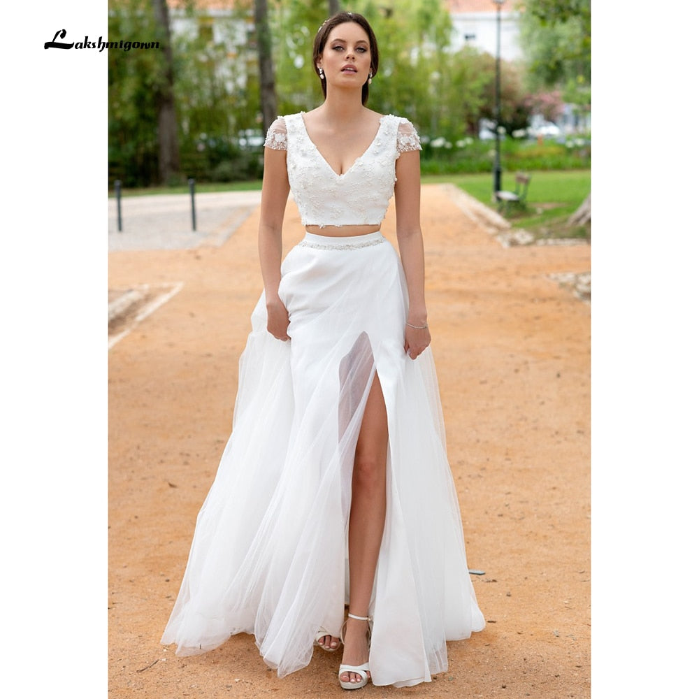 Sexy Wedding Dress Boho 2021 Two Pieces 2 A-Line Chiffon Side Slit Floor Length Long Sleeve Bohemian Bridal Gowns Robe De Marie - ROYCEBRIDAL OFFICIAL STORE