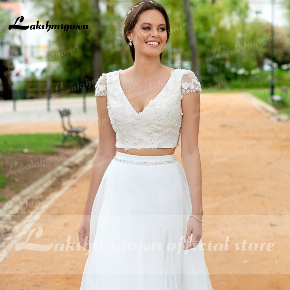 Sexy Wedding Dress Boho 2021 Two Pieces 2 A-Line Chiffon Side Slit Floor Length Long Sleeve Bohemian Bridal Gowns Robe De Marie - ROYCEBRIDAL OFFICIAL STORE