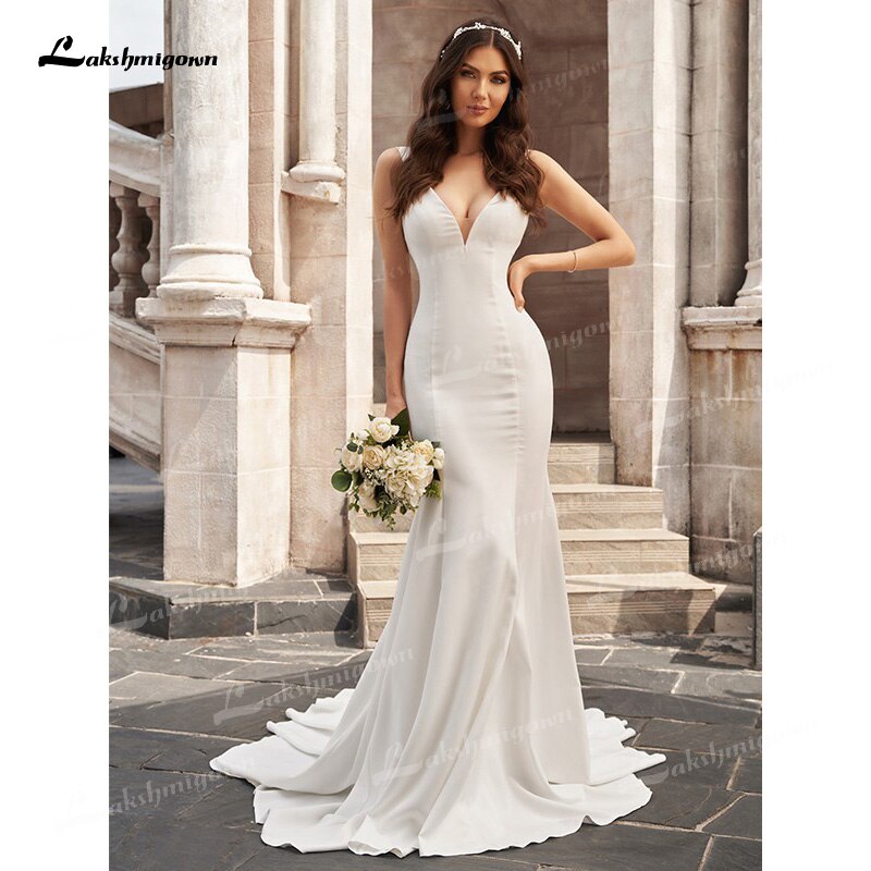 Sexy Elegant Mermaid Wedding Dresses Soft Satin Sleeveless Deep Scoop Court Train Floor-Length vestidos de novia - ROYCEBRIDAL OFFICIAL STORE