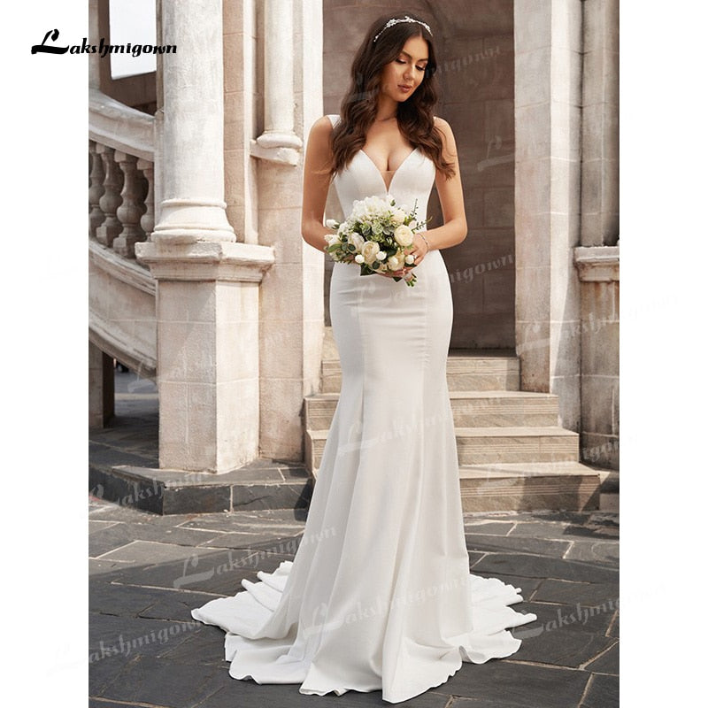 Sexy Elegant Mermaid Wedding Dresses Soft Satin Sleeveless Deep Scoop Court Train Floor-Length vestidos de novia - ROYCEBRIDAL OFFICIAL STORE