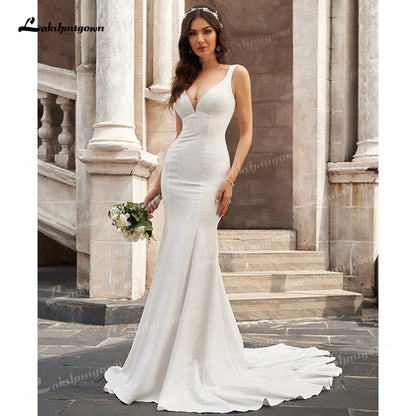 Sexy Elegant Mermaid Wedding Dresses Soft Satin Sleeveless Deep Scoop Court Train Floor-Length vestidos de novia - ROYCEBRIDAL OFFICIAL STORE