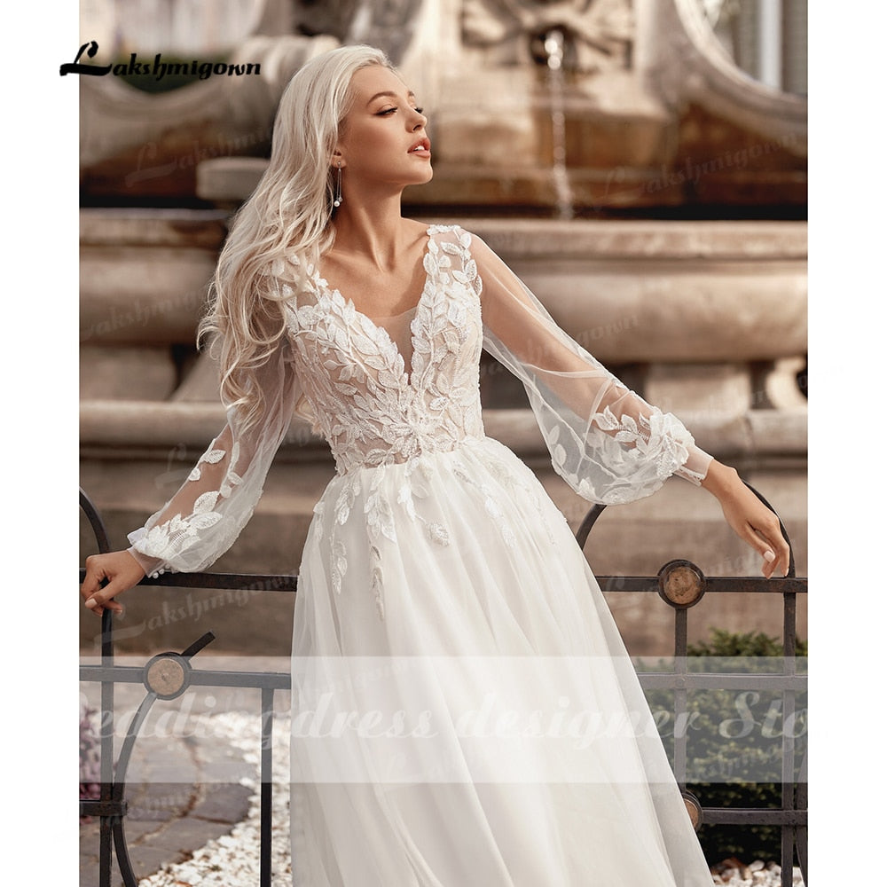 Boho Princess A-Line Wedding Dresses V Neck Longue Long Lantern Sleeve Robe De Soiree Simple Beach Wedding Gown Vestidos De Noiv - ROYCEBRIDAL OFFICIAL STORE