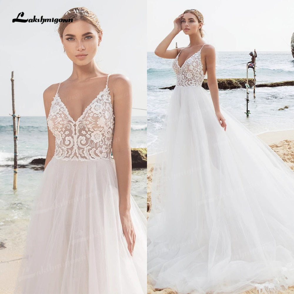 Sexy Beach Lace Wedding Dresses V Neck Bohemian Spaghetti Straps Beaded Bridal Gown Bride To Be Luxruy Bridal Dress Robe Mariee - ROYCEBRIDAL OFFICIAL STORE