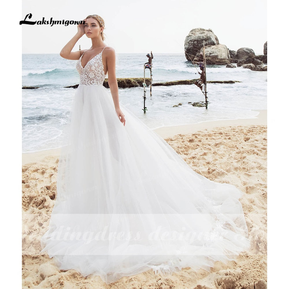 Sexy Beach Lace Wedding Dresses V Neck Bohemian Spaghetti Straps Beaded Bridal Gown Bride To Be Luxruy Bridal Dress Robe Mariee - ROYCEBRIDAL OFFICIAL STORE