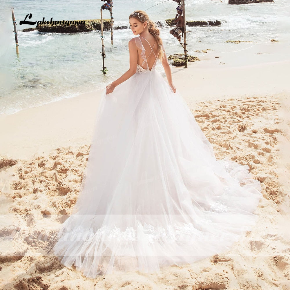 Sexy Beach Lace Wedding Dresses V Neck Bohemian Spaghetti Straps Beaded Bridal Gown Bride To Be Luxruy Bridal Dress Robe Mariee - ROYCEBRIDAL OFFICIAL STORE