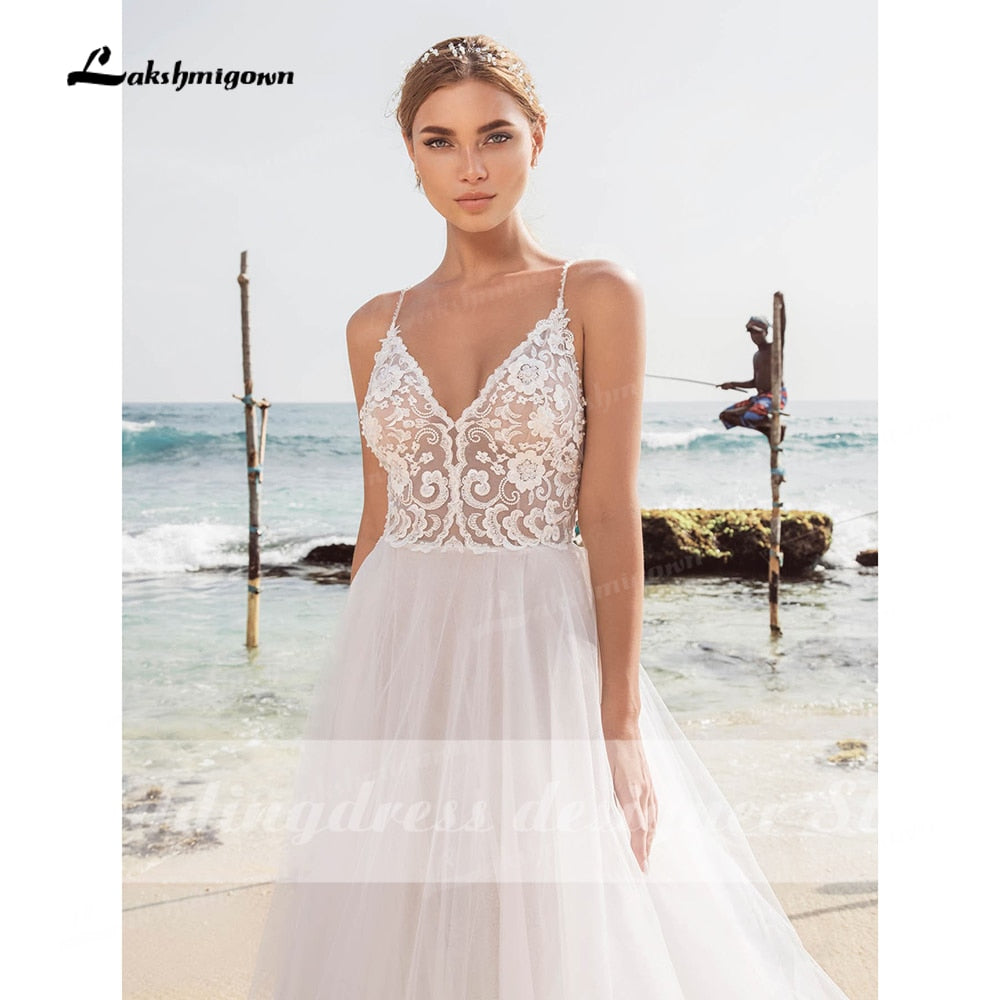 Sexy Beach Lace Wedding Dresses V Neck Bohemian Spaghetti Straps Beaded Bridal Gown Bride To Be Luxruy Bridal Dress Robe Mariee - ROYCEBRIDAL OFFICIAL STORE