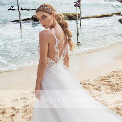 Sexy Beach Lace Wedding Dresses V Neck Bohemian Spaghetti Straps Beaded Bridal Gown Bride To Be Luxruy Bridal Dress Robe Mariee - ROYCEBRIDAL OFFICIAL STORE