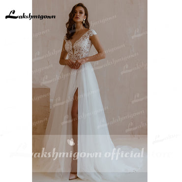 Sexy Short Sleeve A Line Lace Tulle V-Neck Wedding Dress With Split Front boho chic lace Ivory White Bridal Gown abito da sposa - ROYCEBRIDAL OFFICIAL STORE