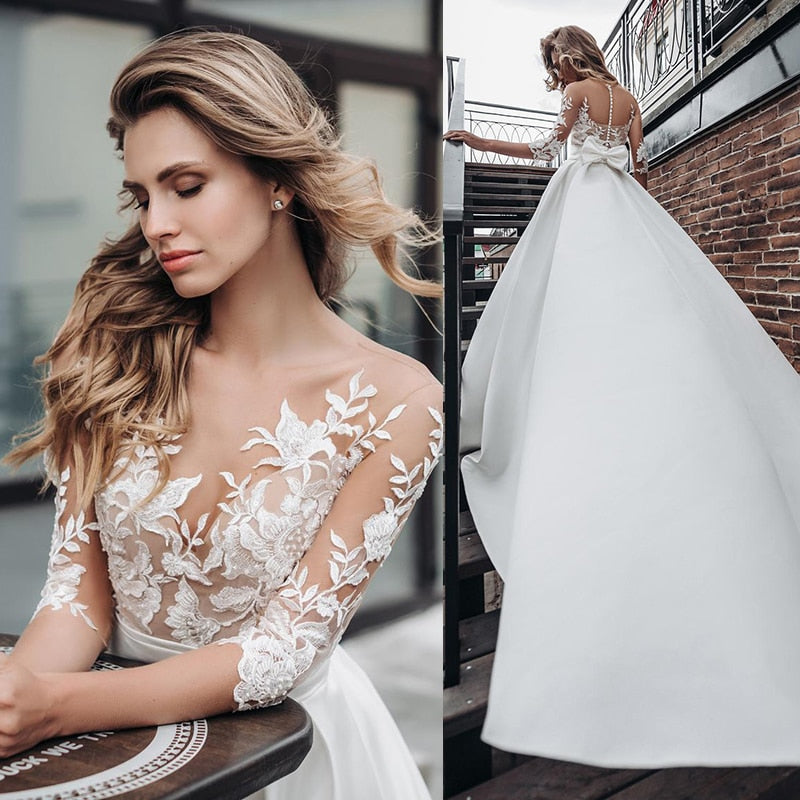 Roycebridal Satin Wedding Dresses Boho Short Sleeves Bow Pocket Bridal Dress Lace Appliques Wedding Gown Custom Made