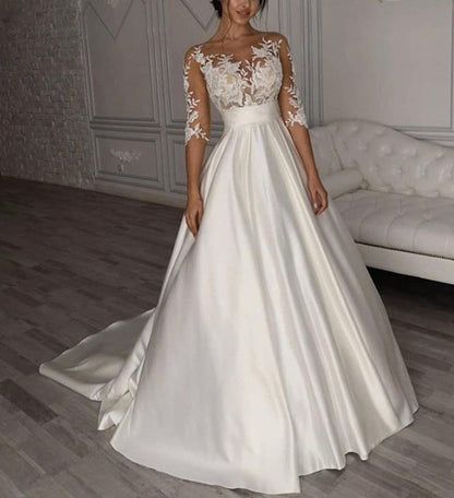 Roycebridal Satin Wedding Dresses Boho Short Sleeves Bow Pocket Bridal Dress Lace Appliques Wedding Gown Custom Made