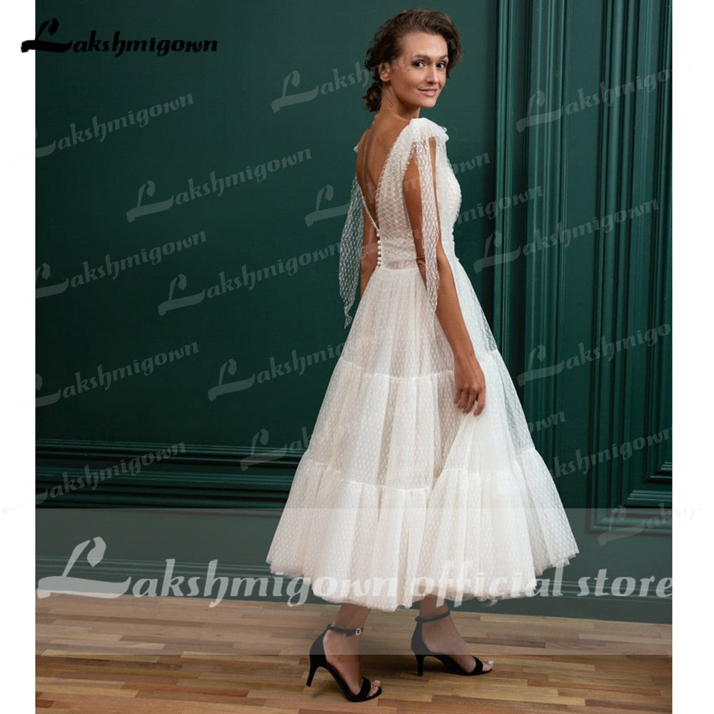 Vintage Ivory Tulle Short Wedding Dresses Spaghetti  A Line Tea Length Bridal Gowns robe de soiree courte Robe de mariee - ROYCEBRIDAL OFFICIAL STORE