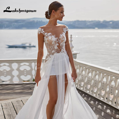 Sexy Beach Wedding Dresses Long Lace V-Neck Split A-Line Wedding Gowns White Backless Trouwjurken Vestido Novia - ROYCEBRIDAL OFFICIAL STORE