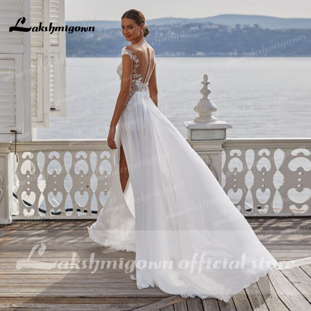 Sexy Beach Wedding Dresses Long Lace V-Neck Split A-Line Wedding Gowns White Backless Trouwjurken Vestido Novia - ROYCEBRIDAL OFFICIAL STORE