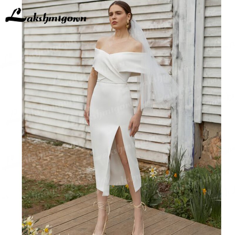 2022 New Arrival Simple Satin Short Wedding Dress Long Sexy Sleeve Beautiful Atmosphere Creasing Slim Wedding Gown - ROYCEBRIDAL OFFICIAL STORE