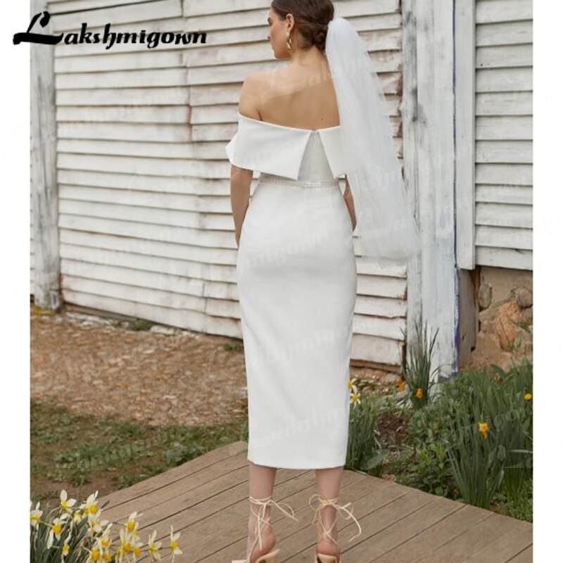 2022 New Arrival Simple Satin Short Wedding Dress Long Sexy Sleeve Beautiful Atmosphere Creasing Slim Wedding Gown - ROYCEBRIDAL OFFICIAL STORE