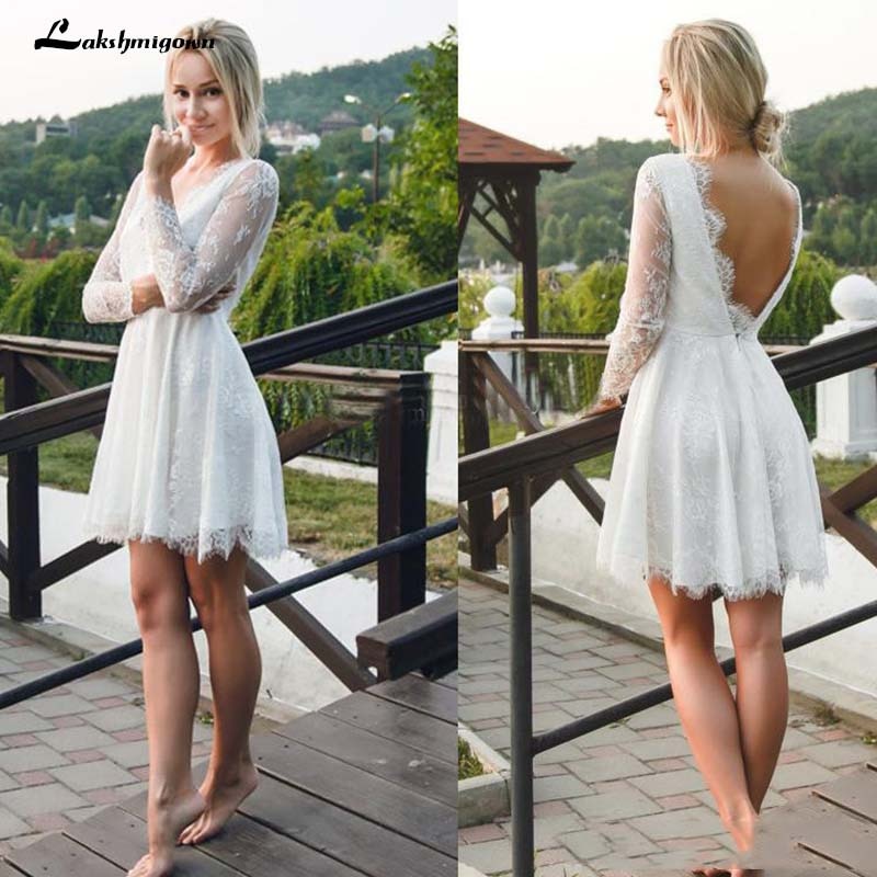 Sexy Backless Short Beach Wedding Dresses A Line Full Lace Sheer Long Sleeve Summer Bohemian Boho Bridal Gowns - ROYCEBRIDAL OFFICIAL STORE