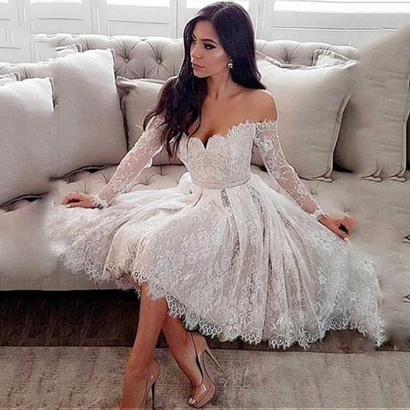 Elegent Lace Short Dress Wedding Off The Shoulder Knee-length Long Sleeve Wedding Dress With Belt Illusion Bridal Wedding Gowns - ROYCEBRIDAL OFFICIAL STORE