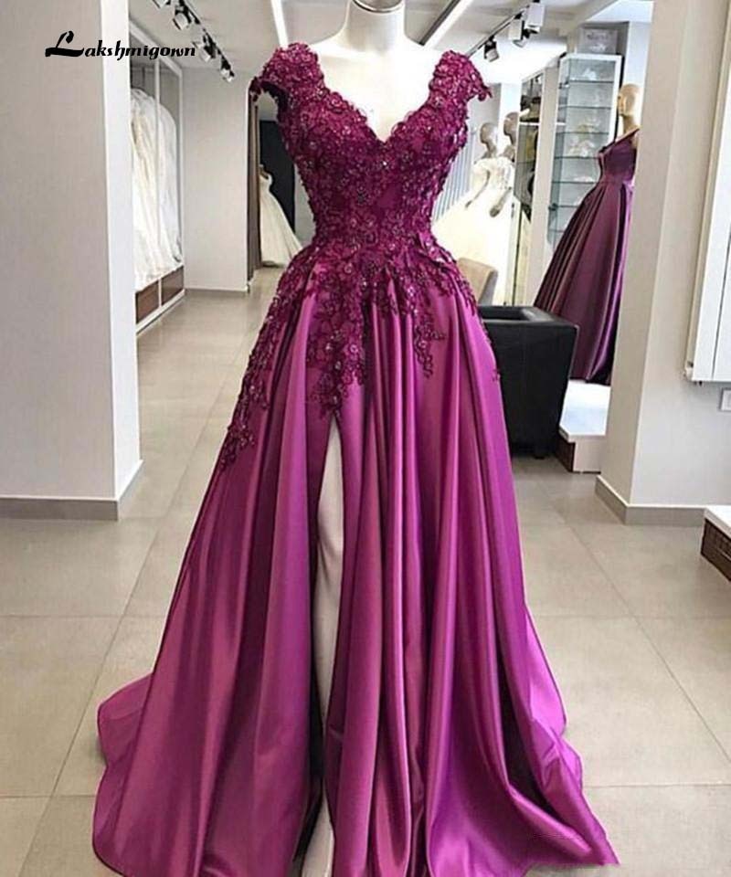 Luxury Purple Prom Dresses Deep V Neck Lace Appliques Beaded Side Split Floor Length Plus Size Mother Evening Quinceanera Party - ROYCEBRIDAL OFFICIAL STORE