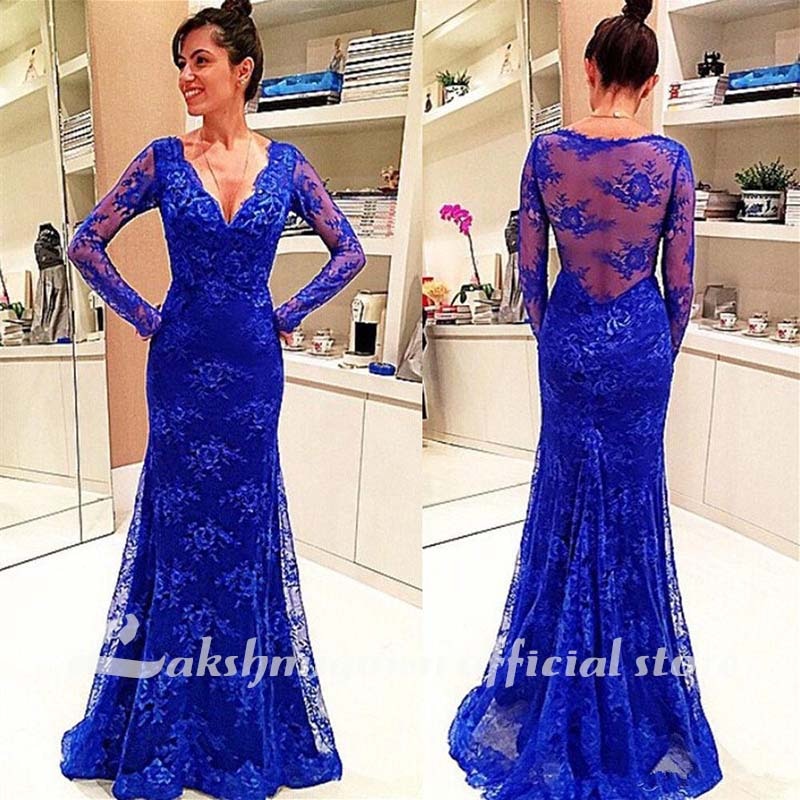 Simple Mother of The Bride Dresses Royal Blue Evening Dresses Long Sleeves Formal Prom Gowns Deep V Neck Sweep Train Mother Dres - ROYCEBRIDAL OFFICIAL STORE