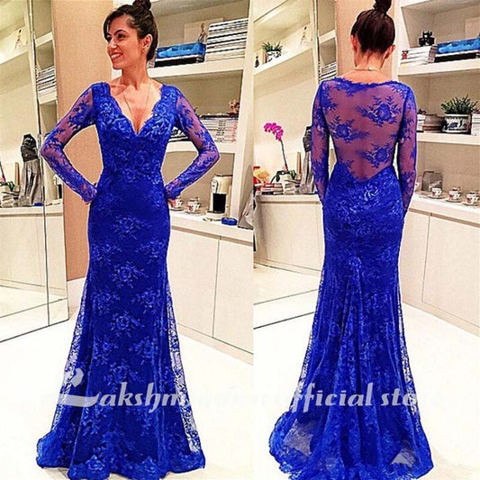 Simple Mother of The Bride Dresses Royal Blue Evening Dresses Long Sleeves Formal Prom Gowns Deep V Neck Sweep Train Mother Dres - ROYCEBRIDAL OFFICIAL STORE