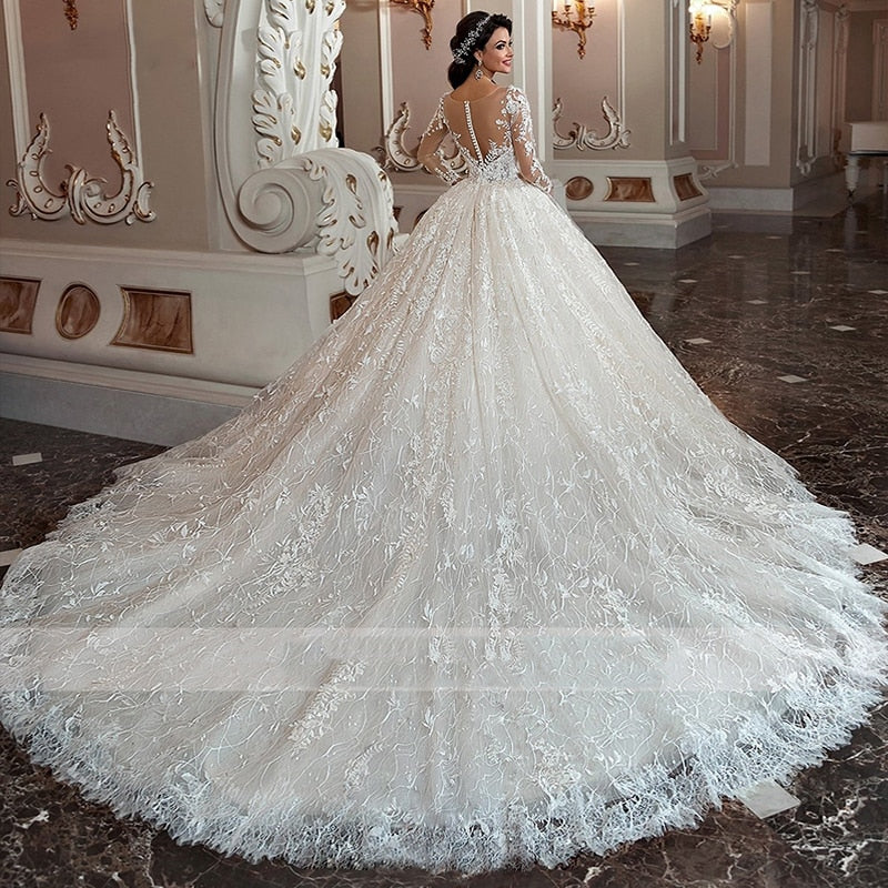 Roycebridal luxury Long Sleeve Flowers Lace Ball Gown Wedding Dresses Chic Appliques Beaded Cathedral Vintage Train Bridal Gowns Talla Gran