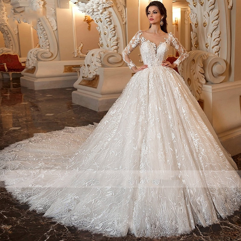 Roycebridal luxury Long Sleeve Flowers Lace Ball Gown Wedding Dresses Chic Appliques Beaded Cathedral Vintage Train Bridal Gowns Talla Gran