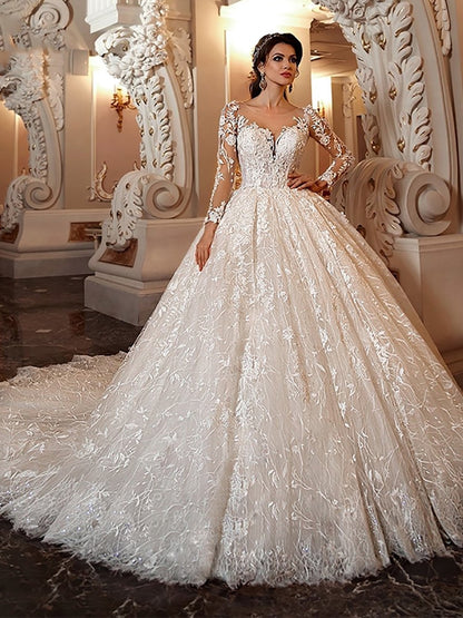 Roycebridal luxury Long Sleeve Flowers Lace Ball Gown Wedding Dresses Chic Appliques Beaded Cathedral Vintage Train Bridal Gowns Talla Gran