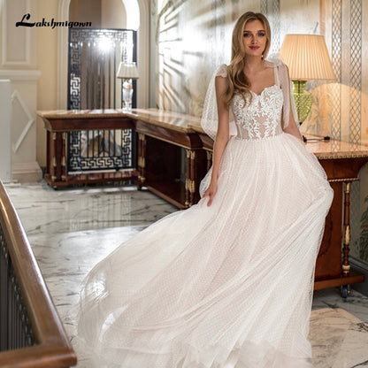 Charming A-line Tulle Bridal Gowns with dot  2021 Fashion Appliques Lace Sweep Train Plus Size Wedding Gowns - ROYCEBRIDAL OFFICIAL STORE