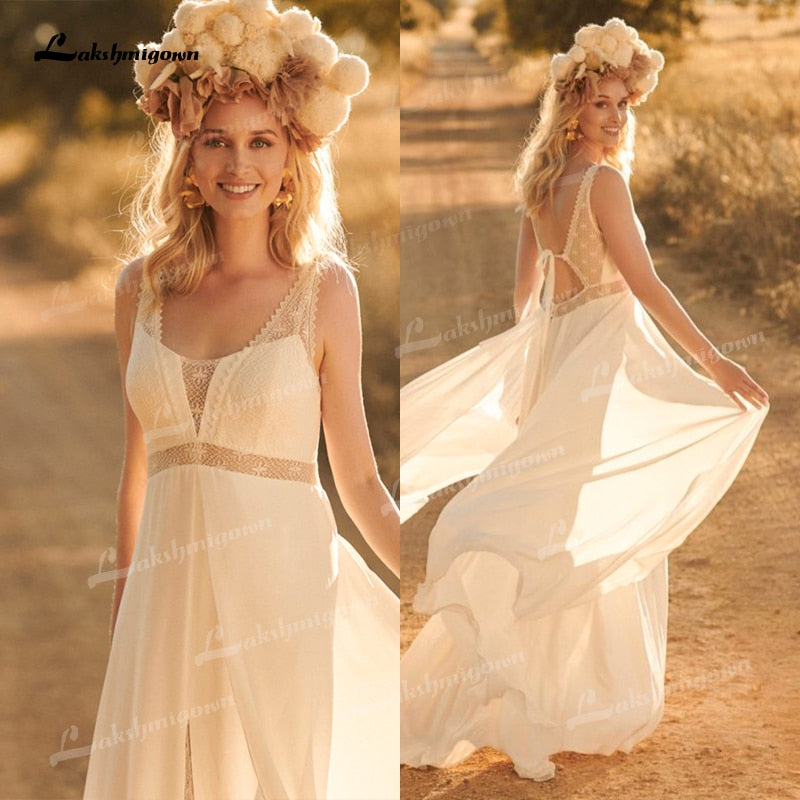 Simple Boho Lace Wedding Dress 2021 Beach Wedding Dress V Neck Chiffon A Line Bridal Gown Backless Vestido De Noiva Brautkleid - ROYCEBRIDAL OFFICIAL STORE