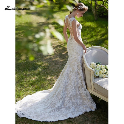 Sexy Illusion Mermaid Wedding Dresses V Neck Court Train All Over Lace Regular Straps Sexy Backless with Appliques Button - ROYCEBRIDAL OFFICIAL STORE